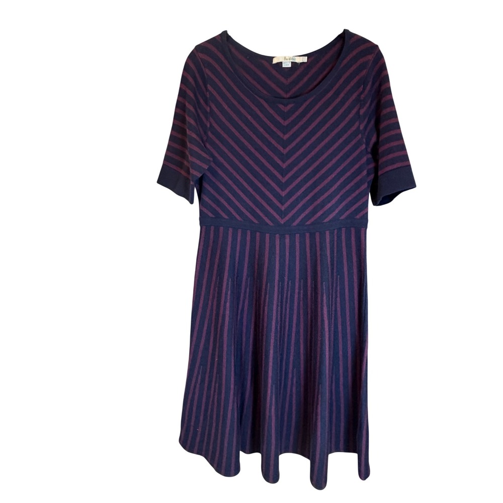 Boden Women Navy Burgundy Striped Wool Cotton Knit Fit Flare Dress Sz 12R